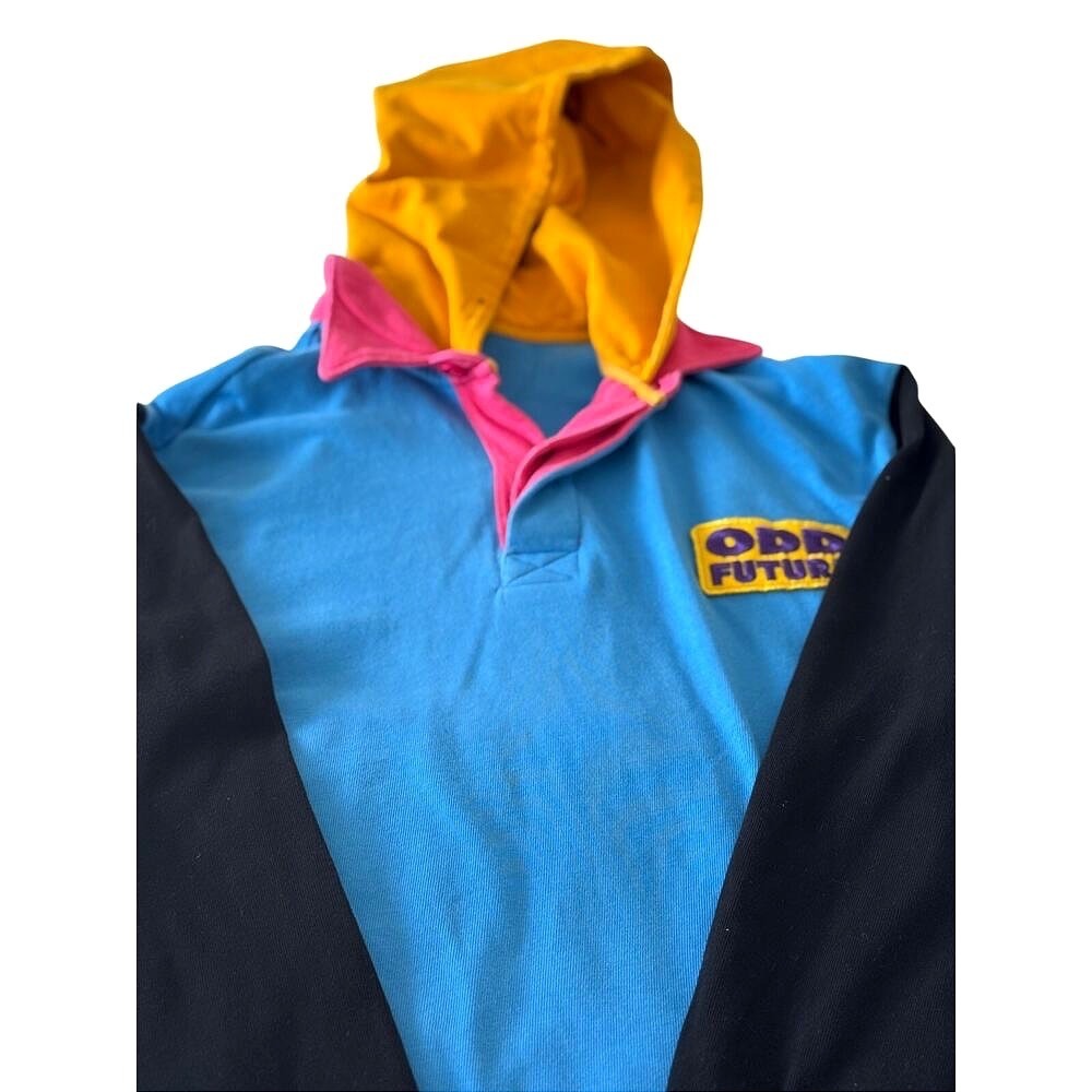 Odd Future Cotton Hooded Rugby Shirt Mens L Blue Colorblock Embroidered Patch - Picture 2 of 8